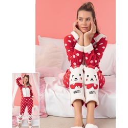 Kadın Kırmzı - Beyaz Uzun Kollu Polar Peluş Kumaş Kışlık Tulum Pijama Takımı M, L, XL, XXL Beden