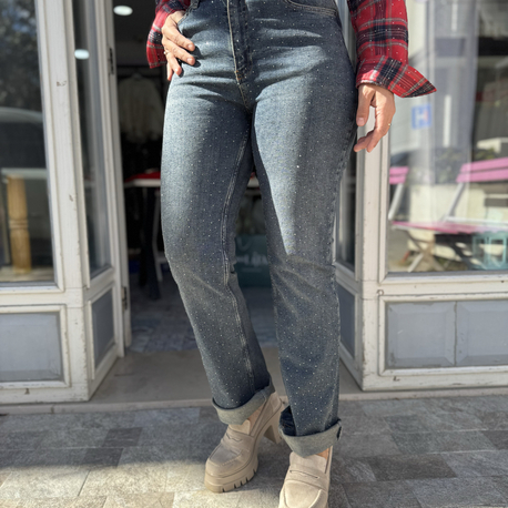 Taşlı Wide Leg Kot Pantolon