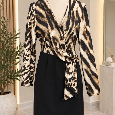 Leopar desenli kruvaze elbise