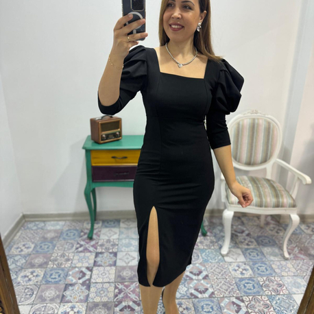 Kare yaka balon kol yırtmaçlı elbise 