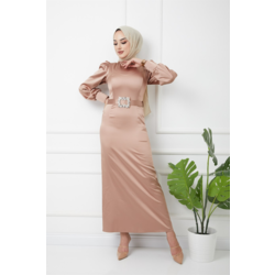 Kolu Büzgü Detaylı Kemerli Bronz Saten Abiye | 8703724