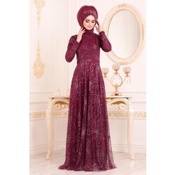 Boncuk Desenli Bordo Tesettür Abiye | 5966091