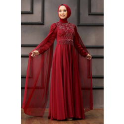 Pelerinli Bordo Tesettür Abiye | 8696973