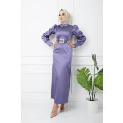 Kolu Büzgü Detaylı Kemerli Lila Abiye | 8731946