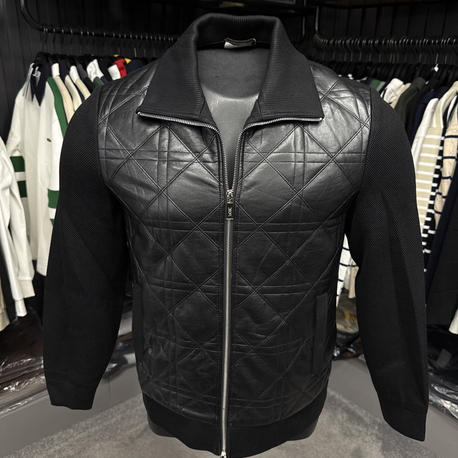 Outlet ürünü İthal Dior Deri Detaylı Çelik Örme Çeket (Siyah-6060)