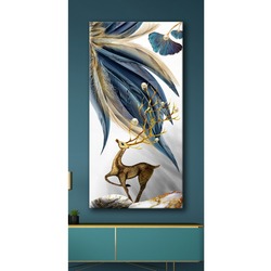 Voovart Dekoratif Kuş Tüyleri Ve Gold Geyik Kanvas Tablo - Voov329 VOOV329