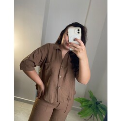 Kahve Crop Oversize Keten Gömlek 