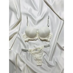 Ekru dantelli İnce Askılı Taşlı Push Up Destekli Sütyen Takım