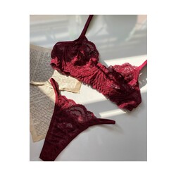 Bordo Balenli Dantelli Sütyen Takım