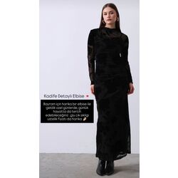 TÜL DETAYLİ KADİFE ÇİÇEKLİ MAXİ ELBİSE