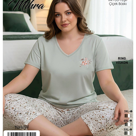 Kadın yeşil çiçek baskı kapri büyük beden pijama takımı