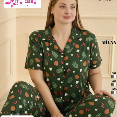Kadın Haki Kozalak Desenli Önden Düğmeli Milan Büyük Beden Pijama Takımı