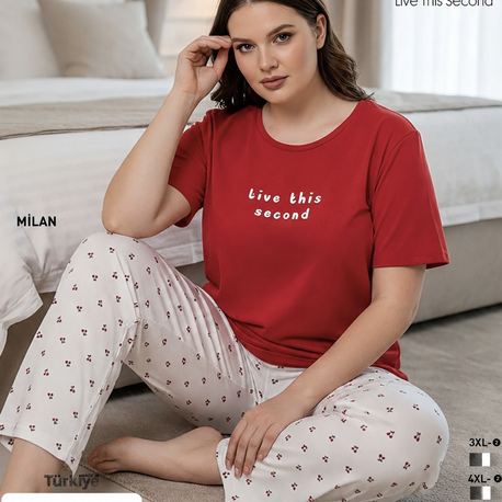 Kadın kiraz desenli kırmızı Milan büyük beden pijama takımı