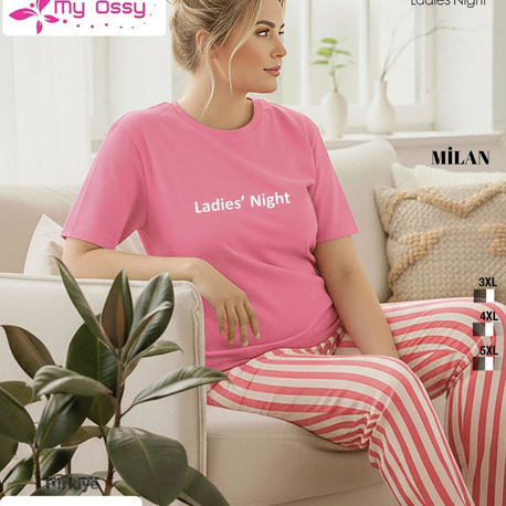 Kadın Fuşya Alt Çizgili Milan Büyük Beden Pijama Takımı