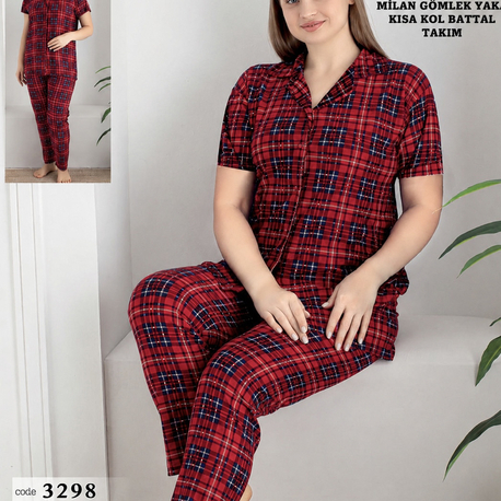 Kırmızı ekose önden düğmeli büyük beden pijama takımı