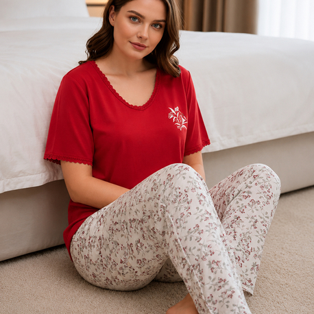 Kadın kırmızı büyük beden pijama takımı