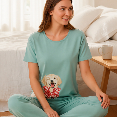 Kadın mint yeşili köpek desenli pijama takımı