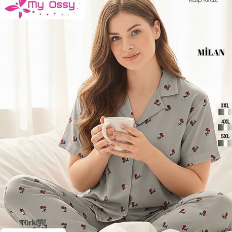 Kadın Büyük Beden  Gri Kiraz Desenli Önden Düğmeli Milan Pijama Takımı
