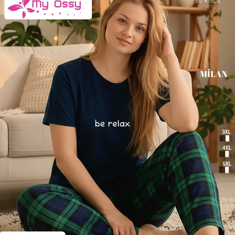 Kadın Lacivert Alt Ekose Milan Büyük Beden Pijama Takımı