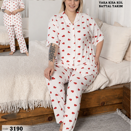 Kadın önden düğmeli kalp desenli büyük beden pijama takımı