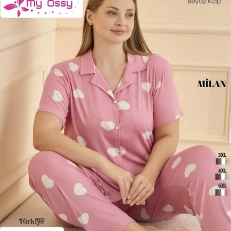 Kadın Büyük Beden Önden Düğmeli Milan Kap Desenli Pijama Takımı