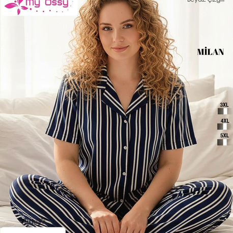 Kadın Lacivert Beyaz Çizgili Önden Düğmeli Milan Büyük Beden Pijama Takımı