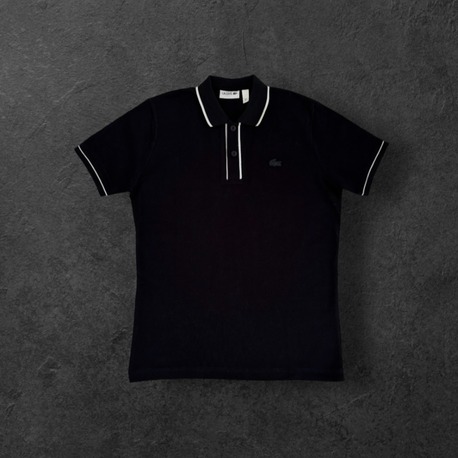 Lacoste Siyah, Yakası Çizgili İkonik Logolu Polo Tişört