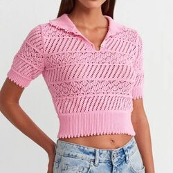 Polo Yaka Ajurlu Düğmeli Triko Kazak-Pembe