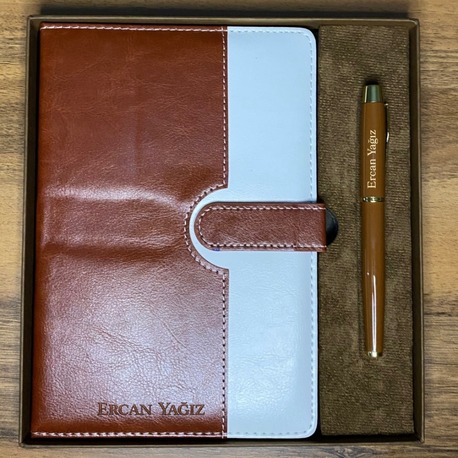 Kahverengi Deri Defter Kalem Set - Kişiye Özel İsimli