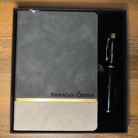 Antrasit Beyaz Defter Siyah Kalem Set - Kişiye Özel İsimli