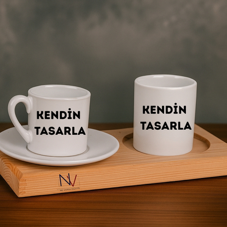 Ahşap Standlı Türk Kahvesi Fincanı ve Kulpsuz Kupa