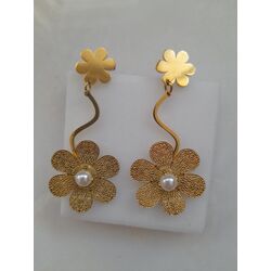 Çelik Desenli İncili Çiçek Gold  Küpe 