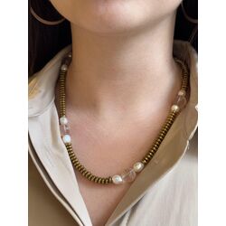 Gold Hematit Kristal Quartz ve İncili Kolye 