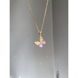 Kelebek Figürlü Pembe Taşlı Kolye | 316L Cerrahi Çelik