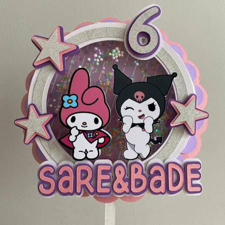 Kuromi ve My Melody 3D Shaker Pasta Süsü - Kişiye Özel Katmanlı ve Hareketli Pullu Topper