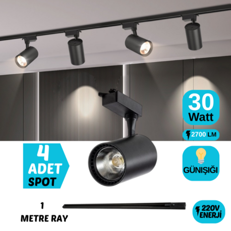 4’LÜ 30 WATT SİYAH KASA GÜNIŞIĞI RAY SPOT (4 ADET 30 WATT LED RAY SPOT LAMBA + 1 METRE RAY))