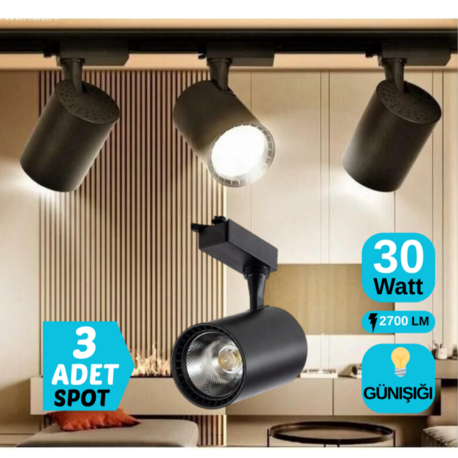 3’LÜ 30 WATT SİYAH KASA GÜNIŞIĞI RAY SPOT (3 ADET 30 WATT LED RAY SPOT LAMBA + 1 METRE RAY))