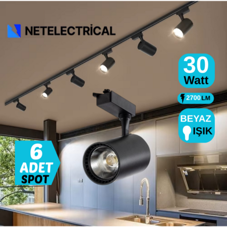 6’LI 30 WATT SİYAH KASA BEYAZ IŞIK RAY SPOT (6 ADET 30 WATT LED RAY SPOT + 1+1 (2) METRE RAY)