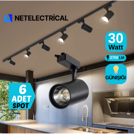 6’LI 30 WATT SİYAH KASA GÜNIŞIĞI RAY SPOT (6 ADET 30 WATT LED RAY SPOT + 1+1 (2) METRE RAY)