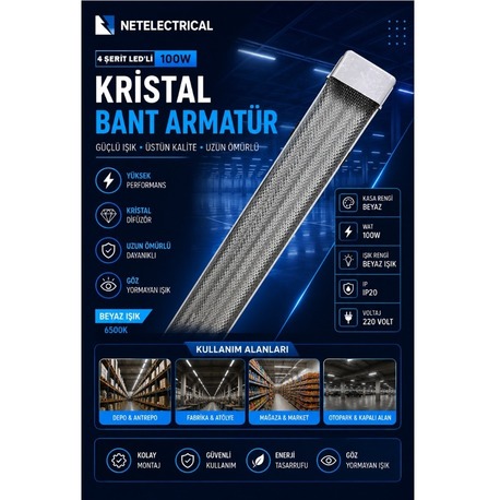 100 Watt 120 cm Kristal Yatay LED Bant Armatür - Trafolu Beyaz Işık