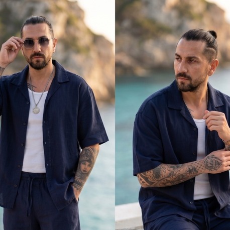 Lacivert Ham Keten Short Takım — Yazlık Erkek Alt-Üst Set