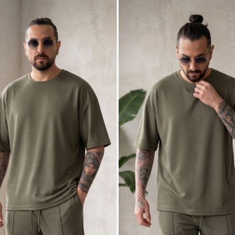 Haki Yeşil Oysho Erkek Takım — Oversize Rahat Alt-Üst Set