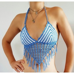 Bikini Fileli Püsküllü Mavi-Beyaz Renk
