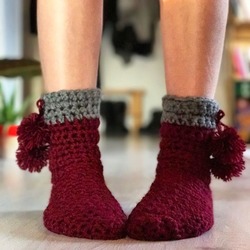 Yün Örgü Sleepers Çorap Bordo-Gri