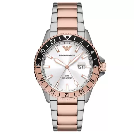 Emporio Armani AR11591 Erkek Kol Saati – GMT / İki Ton Çelik / 10 ATM