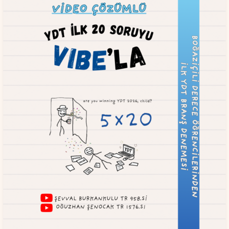YDT VİDEO ÇÖZÜMLÜ İLK 20 SORU VIBE BRANŞ DENEMESİ 5X20