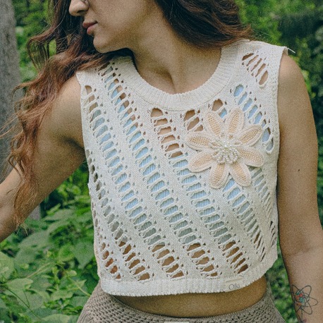 Oiki Fileli Örgü, İncili Çiçek Detaylı Bohem Crop