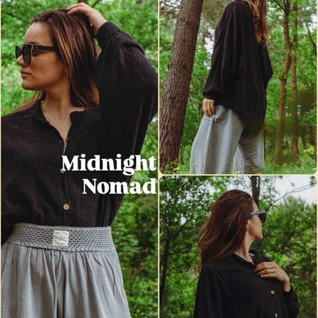Oiki Midnight Nomad — Unisex Oversize Bohem Siyah Gömlek (Pamuk Keten)