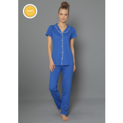 Kısa Kollu Mavi Sade Şık Kadın Pijama Takımı
