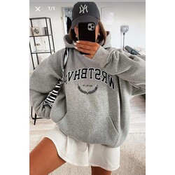 Unisex Oversize Wrst Baskılı Gri Sweatshirt 